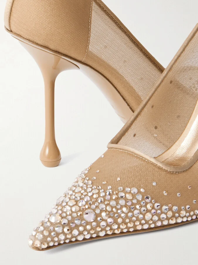 Jimmy Choo - Ixia Satin-trimmed Crystal-embellished Mesh Pumps - Gold - Image 4