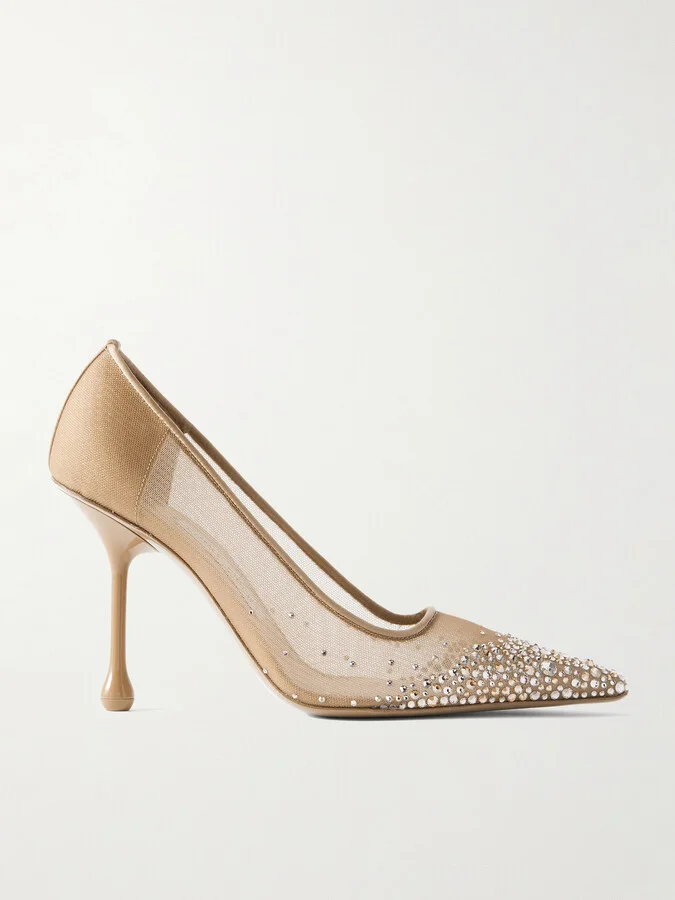 Jimmy Choo - Ixia Satin-trimmed Crystal-embellished Mesh Pumps - Gold