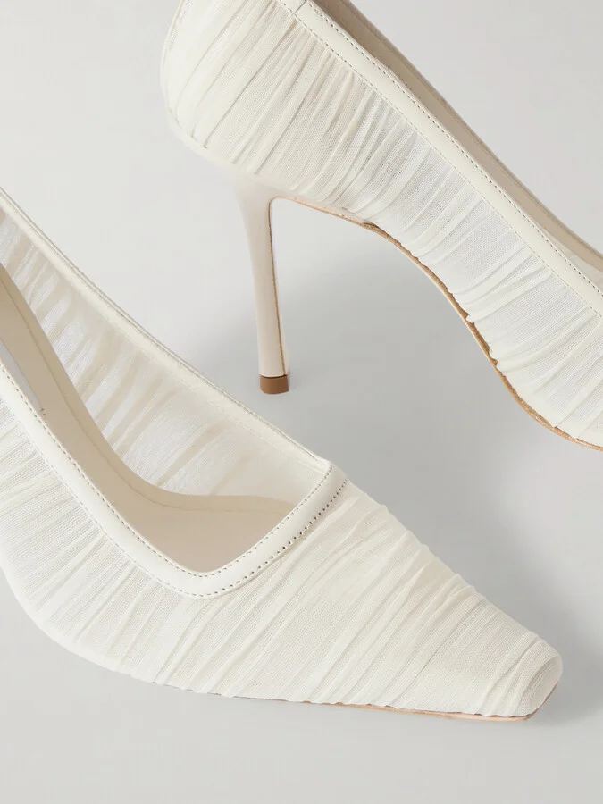 Jimmy Choo - Lotta 100 Leather-trimmed Ruched Tulle Pumps - Ivory - Image 4