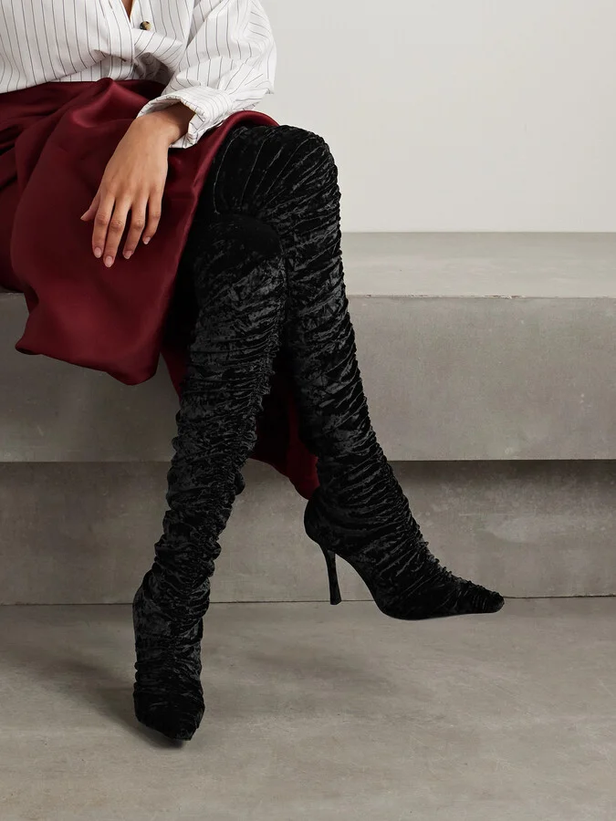 Jimmy Choo - Lotta 100 Ruched Crushed-velvet Over-the-knee Boots - Black - Image 2