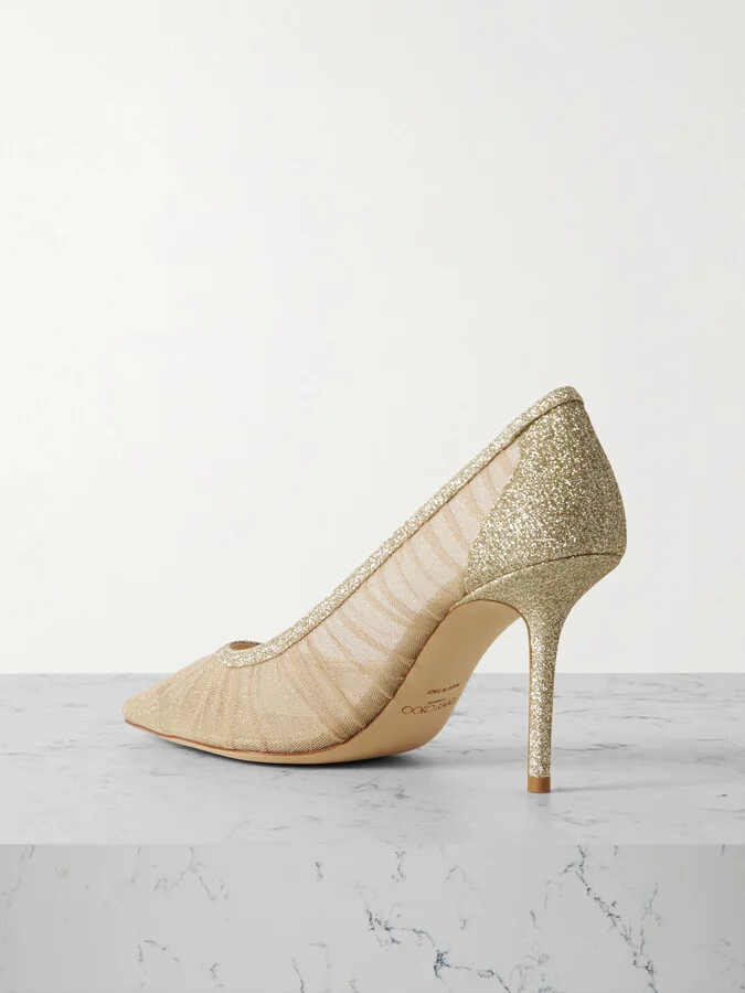 Jimmy Choo - Love 85 Gathered Glittered Tulle Pumps - Gold - Image 3