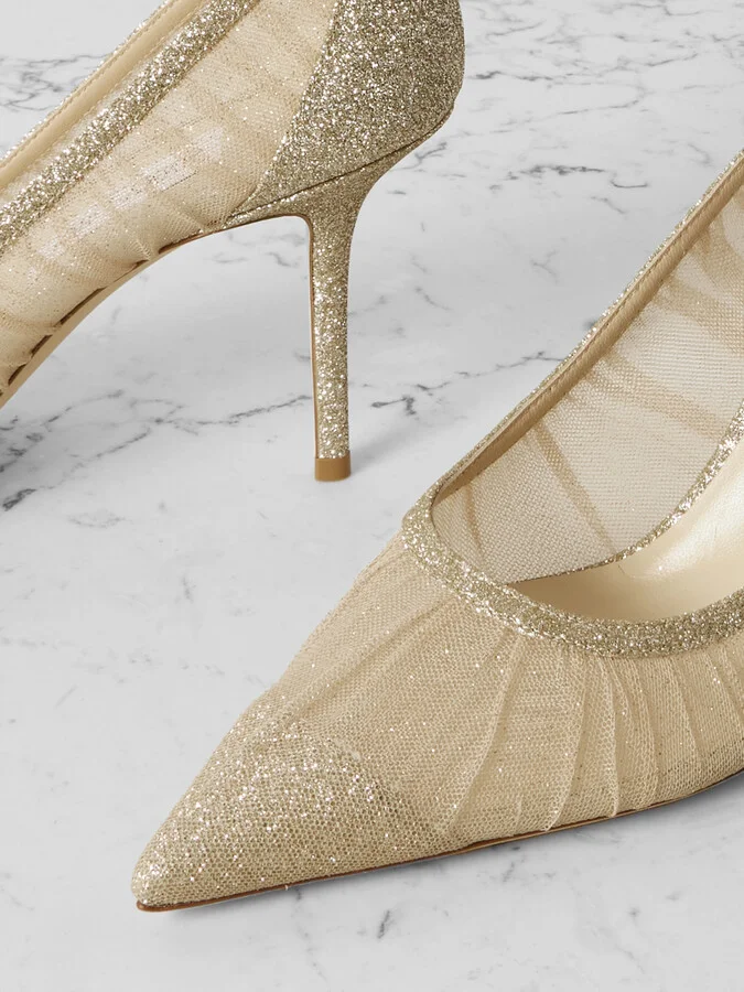 Jimmy Choo - Love 85 Gathered Glittered Tulle Pumps - Gold - Image 4