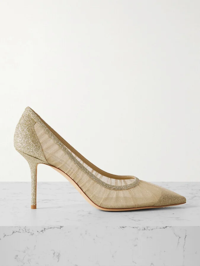 Jimmy Choo - Love 85 Gathered Glittered Tulle Pumps - Gold