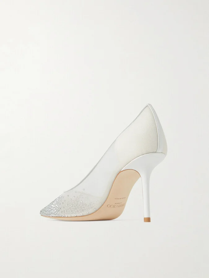 Jimmy Choo - Love 85 Leather-trimmed Crystal-embellished Mesh Pumps - White - Image 3