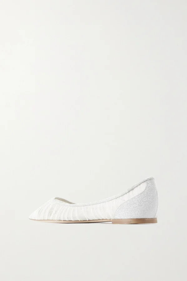 Jimmy Choo - Love Glittered Tulle And Canvas Point-toe Flats - Ivory - Image 3