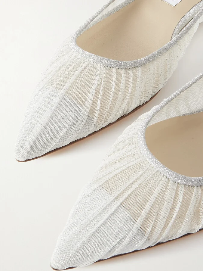 Jimmy Choo - Love Glittered Tulle And Canvas Point-toe Flats - Ivory - Image 4