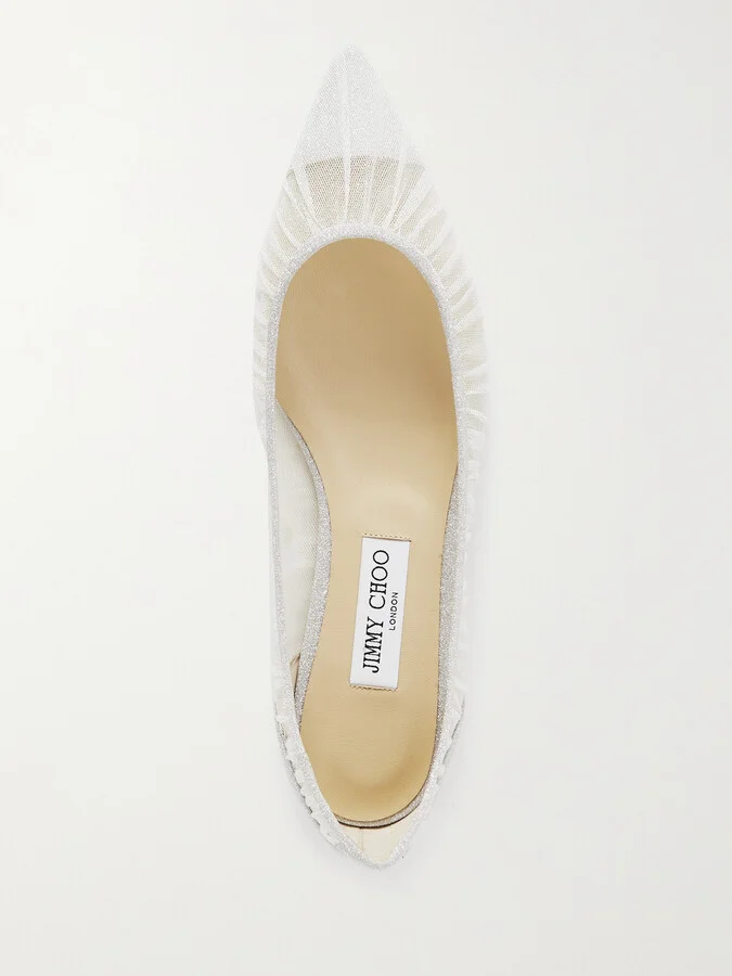 Jimmy Choo - Love Glittered Tulle And Canvas Point-toe Flats - Ivory - Image 5