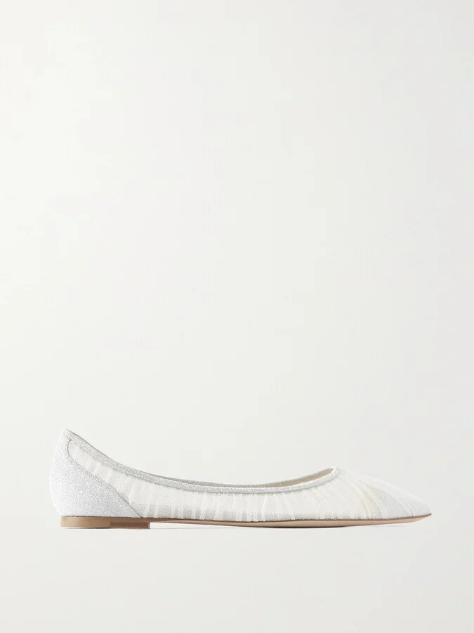 Jimmy Choo - Love Glittered Tulle And Canvas Point-toe Flats - Ivory