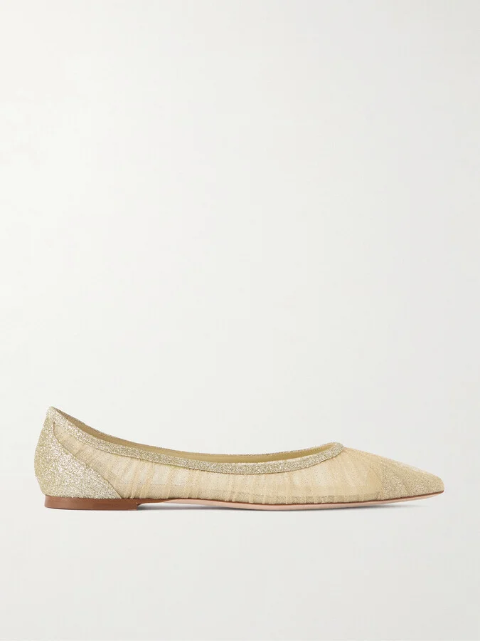 Jimmy Choo - Love Glittered Tulle Ballet Flats - Gold