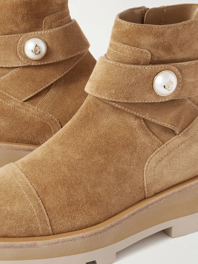 Jimmy Choo - Meena Faux Pearl-embellished Suede Ankle Boots - Brown - Image 4