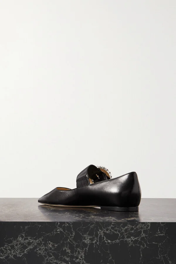 Jimmy Choo - Melva Crystal-embellished Leather Point-toe Flats - Black - Image 3