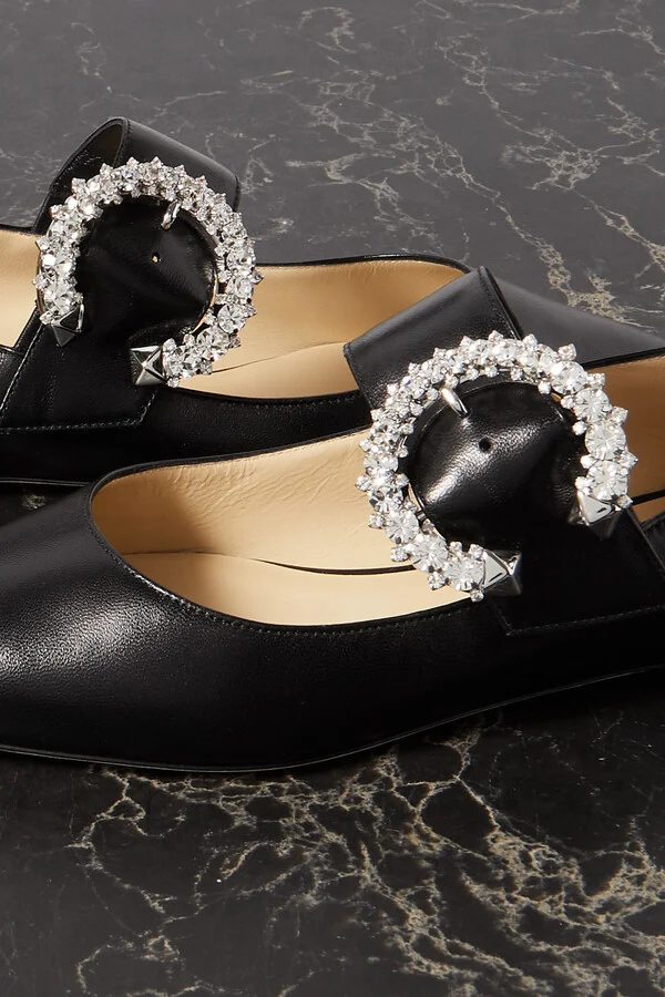 Jimmy Choo - Melva Crystal-embellished Leather Point-toe Flats - Black - Image 4