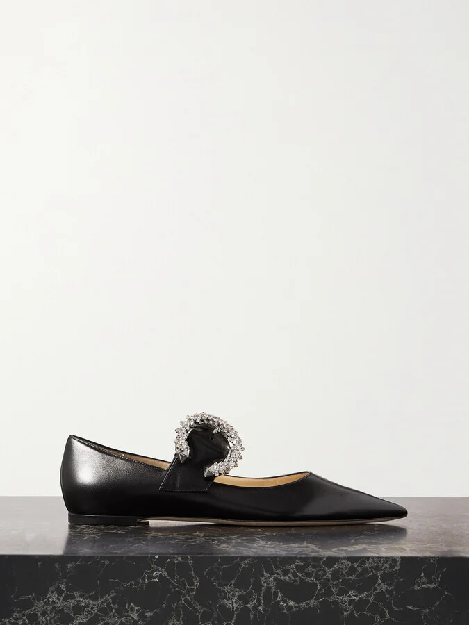 Jimmy Choo - Melva Crystal-embellished Leather Point-toe Flats - Black