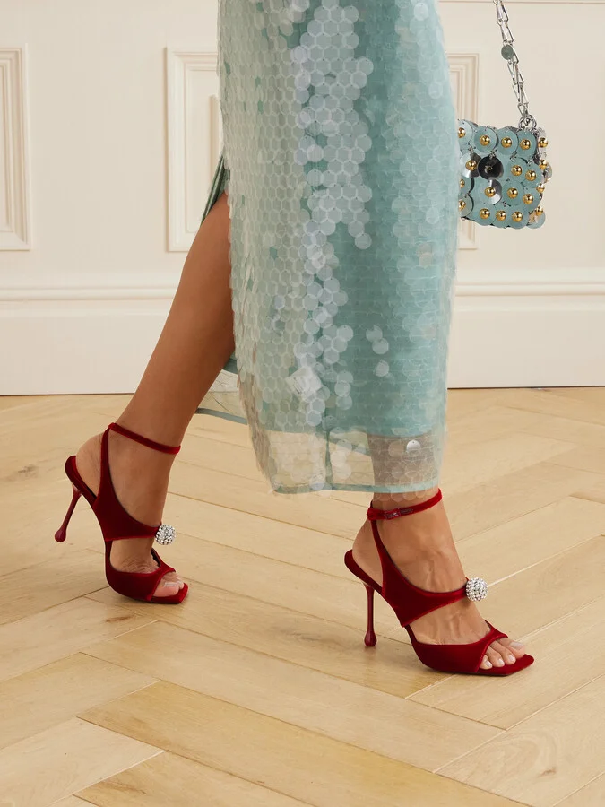 Jimmy Choo - Orb Embellished Velvet Sandals - Red - Image 2