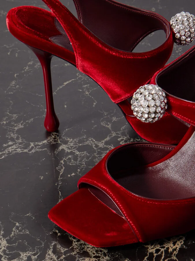 Jimmy Choo - Orb Embellished Velvet Sandals - Red - Image 4