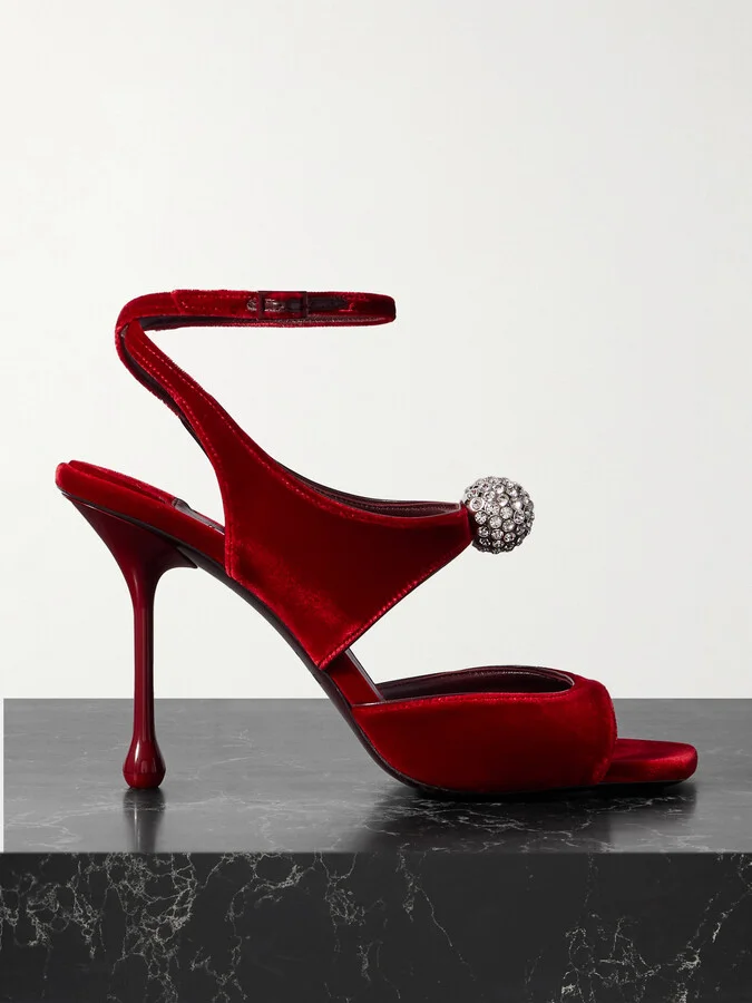 Jimmy Choo - Orb Embellished Velvet Sandals - Red