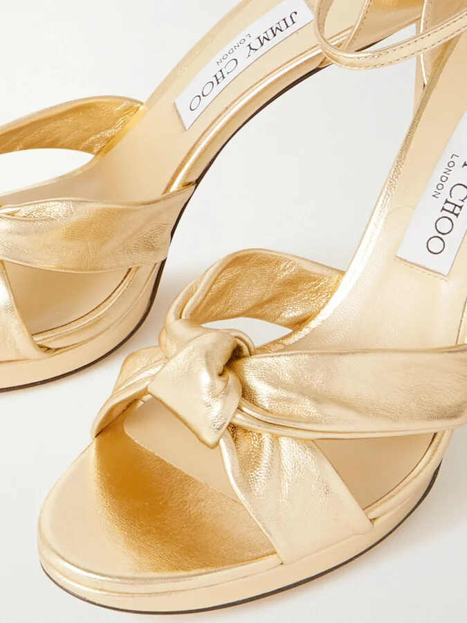 Jimmy Choo - Rosie 100 Knotted Metallic Leather Sandals - Gold - Image 4