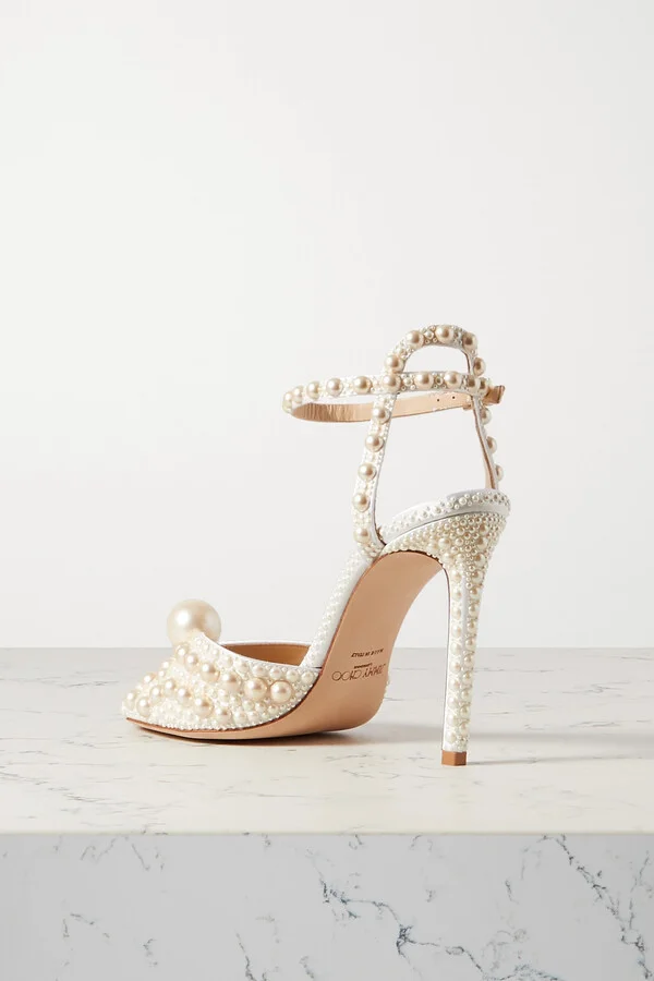 Jimmy Choo - Sacora 100 Faux Pearl-embellished Satin Sandals - White - Image 3