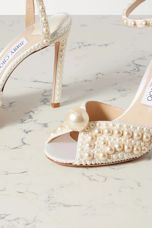 Jimmy Choo - Sacora 100 Faux Pearl-embellished Satin Sandals - White - Image 4