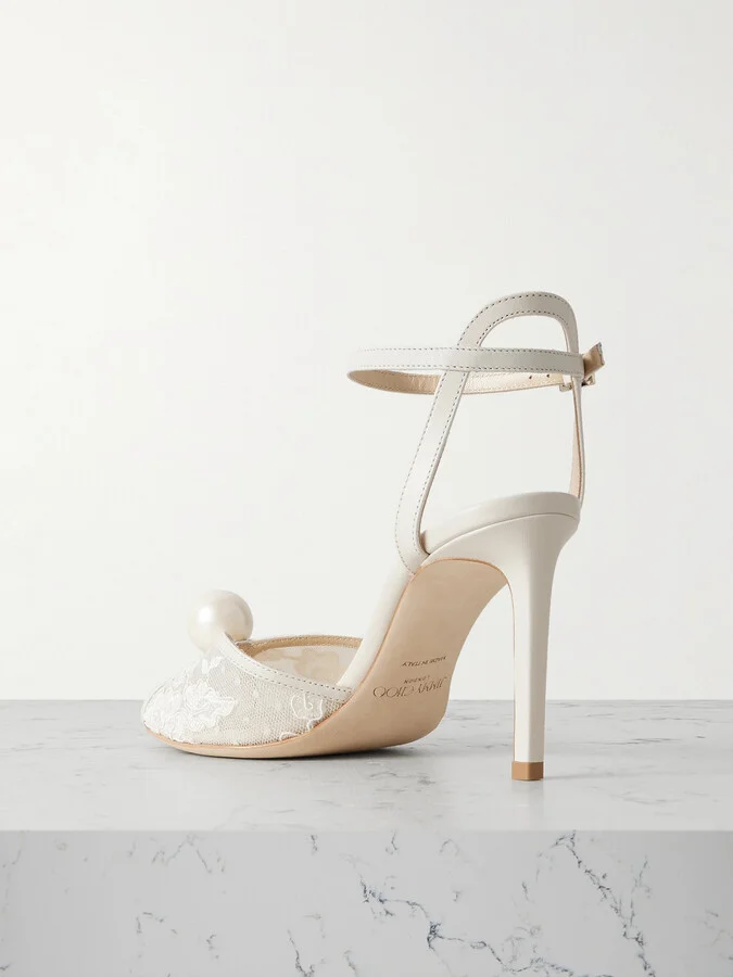 Jimmy Choo - Sacora 85 Embellished Leather-trimmed Lace Sandals - Ivory - Image 3