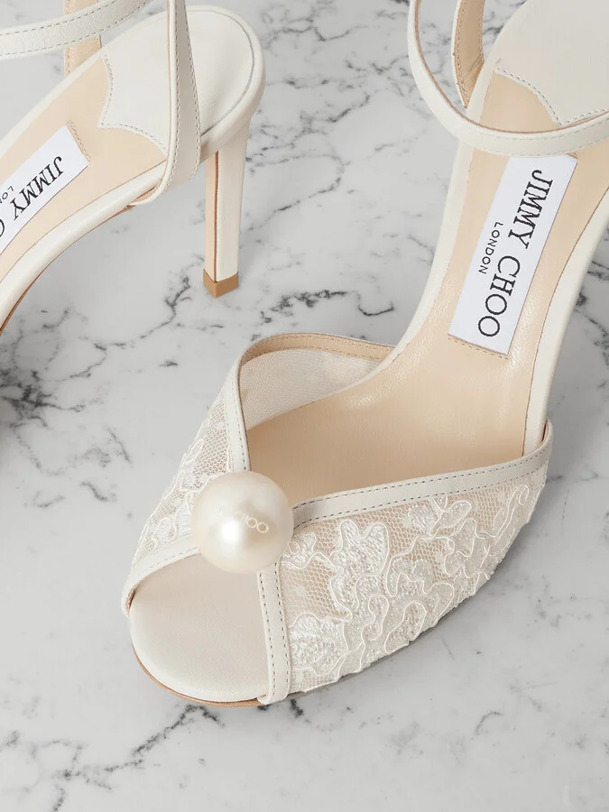 Jimmy Choo - Sacora 85 Embellished Leather-trimmed Lace Sandals - Ivory - Image 4