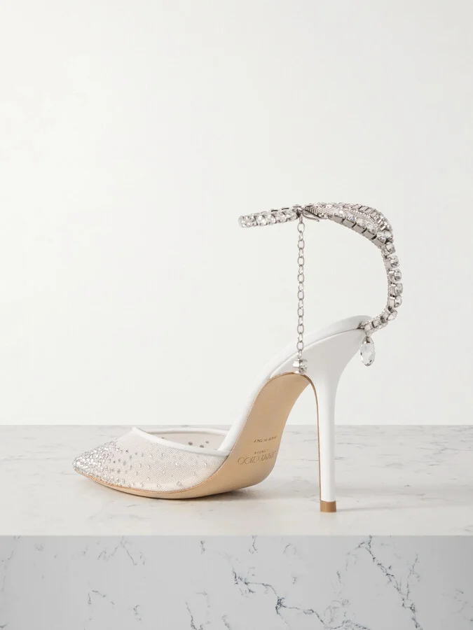 Jimmy Choo - Saeda 100 Crystal-embellished Leather-trimmed Mesh Pumps - White - Image 3
