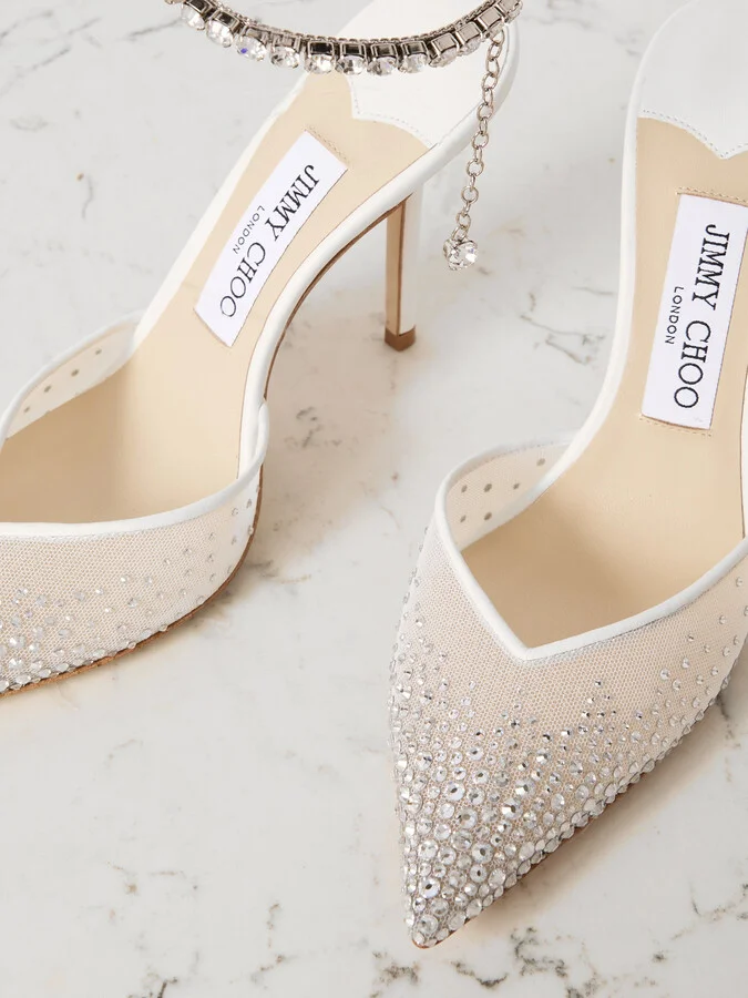 Jimmy Choo - Saeda 100 Crystal-embellished Leather-trimmed Mesh Pumps - White - Image 4
