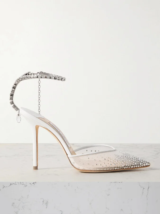 Jimmy Choo - Saeda 100 Crystal-embellished Leather-trimmed Mesh Pumps - White