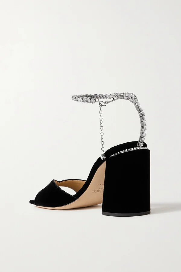 Jimmy Choo - Saeda 85 Crystal-embellished Velvet Sandals - Black - Image 3