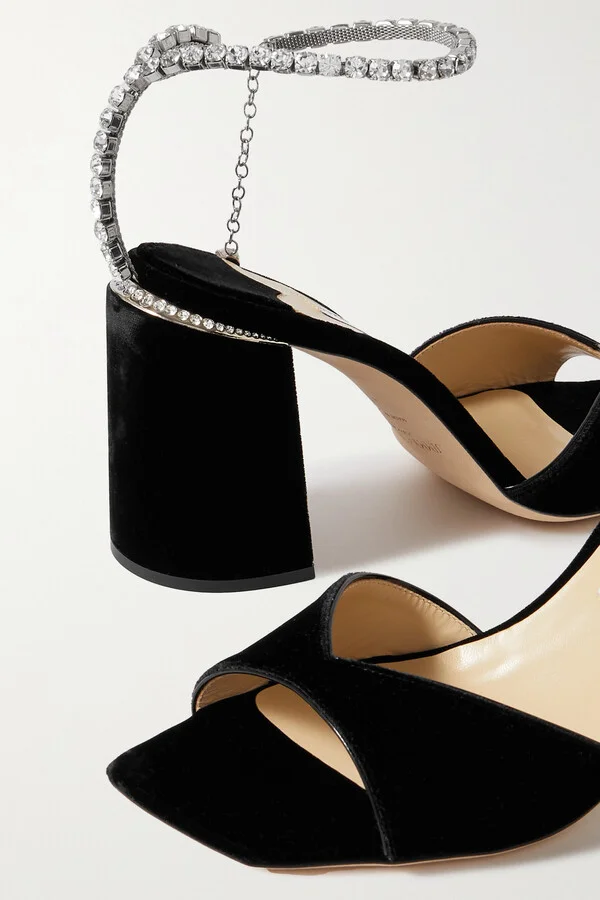 Jimmy Choo - Saeda 85 Crystal-embellished Velvet Sandals - Black - Image 4