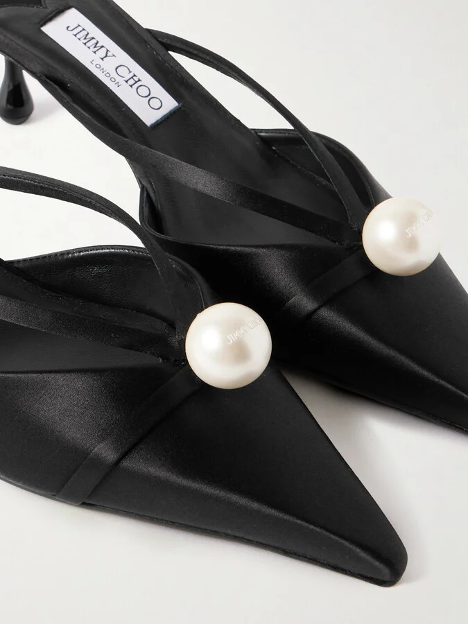 Jimmy Choo - Sana 50 Faux Pearl-embellished Satin Mules - Black - Image 4