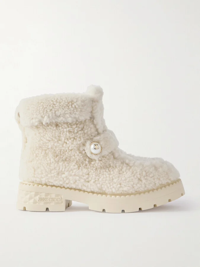 Jimmy Choo - Shea Faux Pearl-embellished Shearling Ankle Boots - Ecru