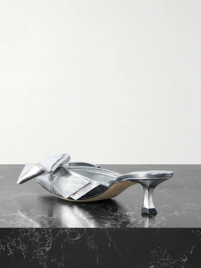 Jimmy Choo - Staz 50 Bow-embellished Metallic Crinkled-leather Pumps - Silver - Image 3