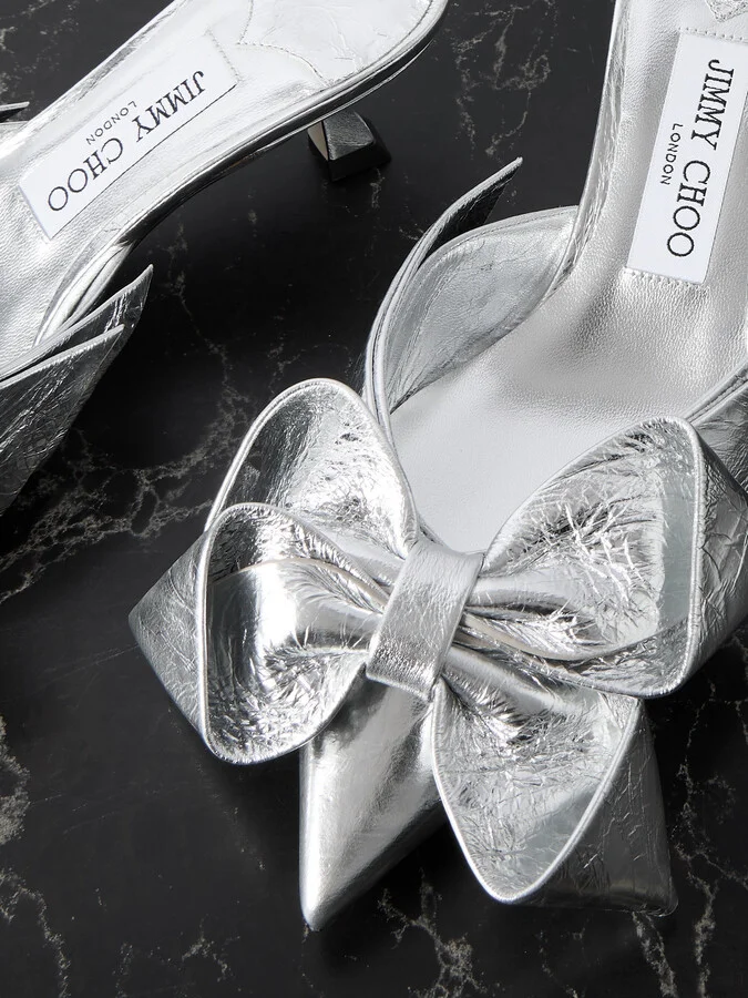Jimmy Choo - Staz 50 Bow-embellished Metallic Crinkled-leather Pumps - Silver - Image 4