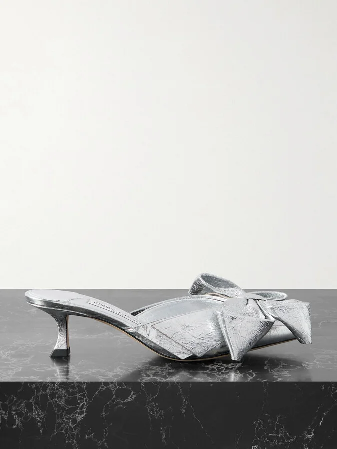 Jimmy Choo - Staz 50 Bow-embellished Metallic Crinkled-leather Pumps - Silver