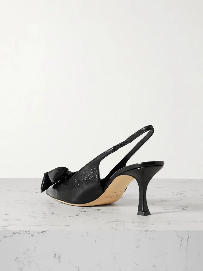 Jimmy Choo - Staz 70 Bow-embellished Crinkled-leather Slingback Pumps - Black - Image 3