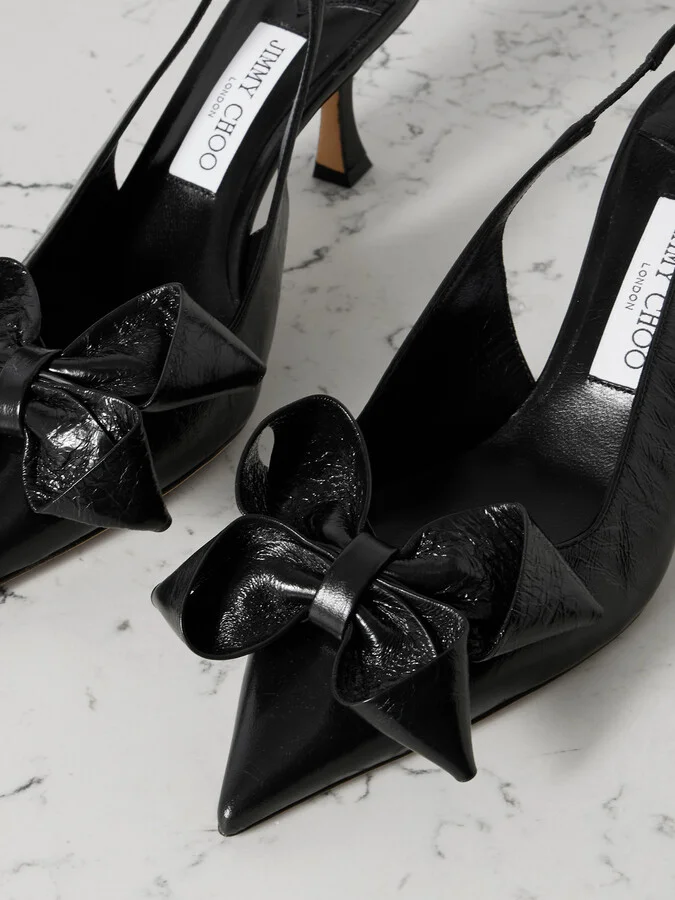 Jimmy Choo - Staz 70 Bow-embellished Crinkled-leather Slingback Pumps - Black - Image 4