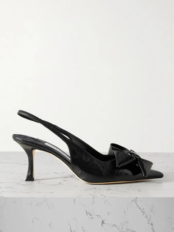 Jimmy Choo - Staz 70 Bow-embellished Crinkled-leather Slingback Pumps - Black
