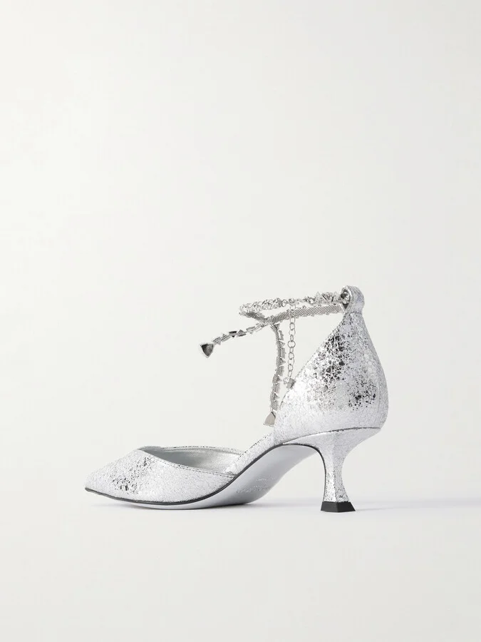 Jimmy Choo - Stevie 50 Crystal-embellished Metallic Crinkled-leather Pumps - Silver - Image 3