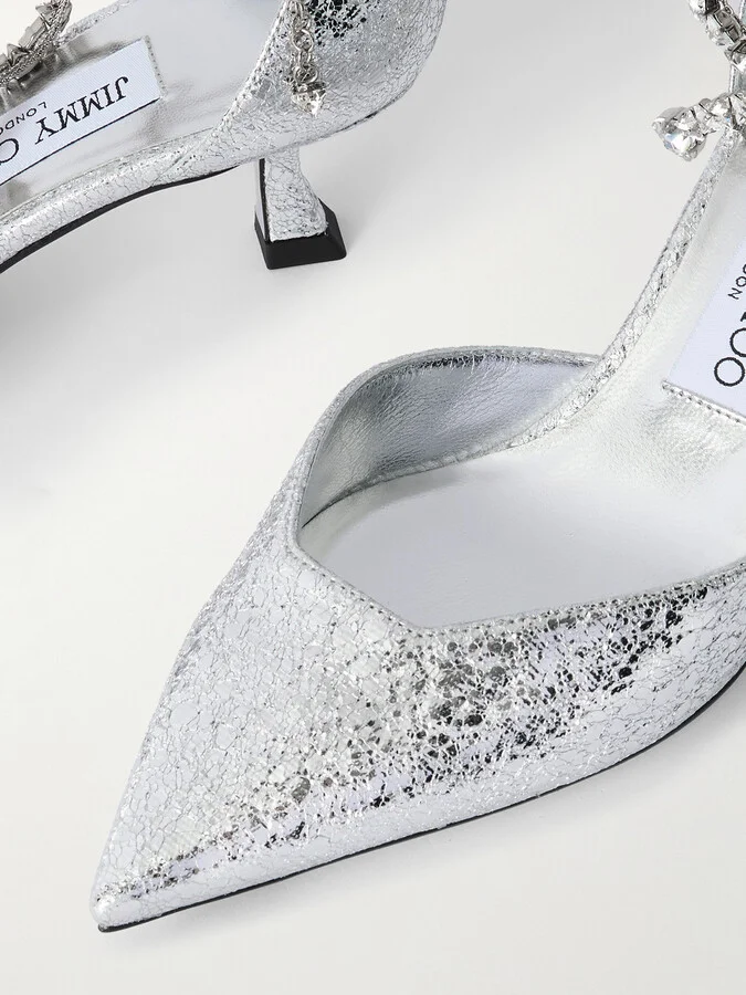 Jimmy Choo - Stevie 50 Crystal-embellished Metallic Crinkled-leather Pumps - Silver - Image 4
