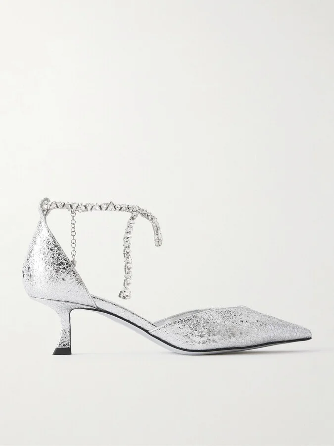 Jimmy Choo - Stevie 50 Crystal-embellished Metallic Crinkled-leather Pumps - Silver