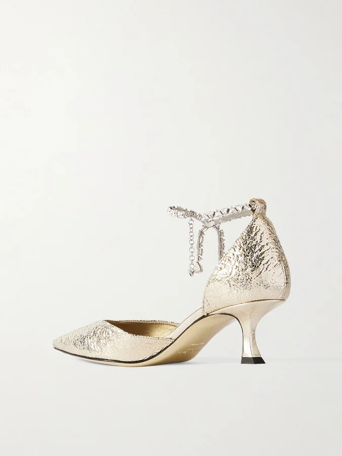 Jimmy Choo - Stevie 50 Crystal-embellished Metallic Textured-leather Pumps - Gold - Image 3