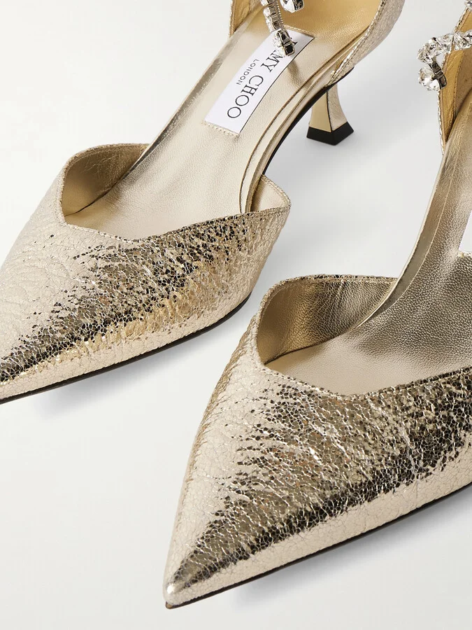 Jimmy Choo - Stevie 50 Crystal-embellished Metallic Textured-leather Pumps - Gold - Image 4
