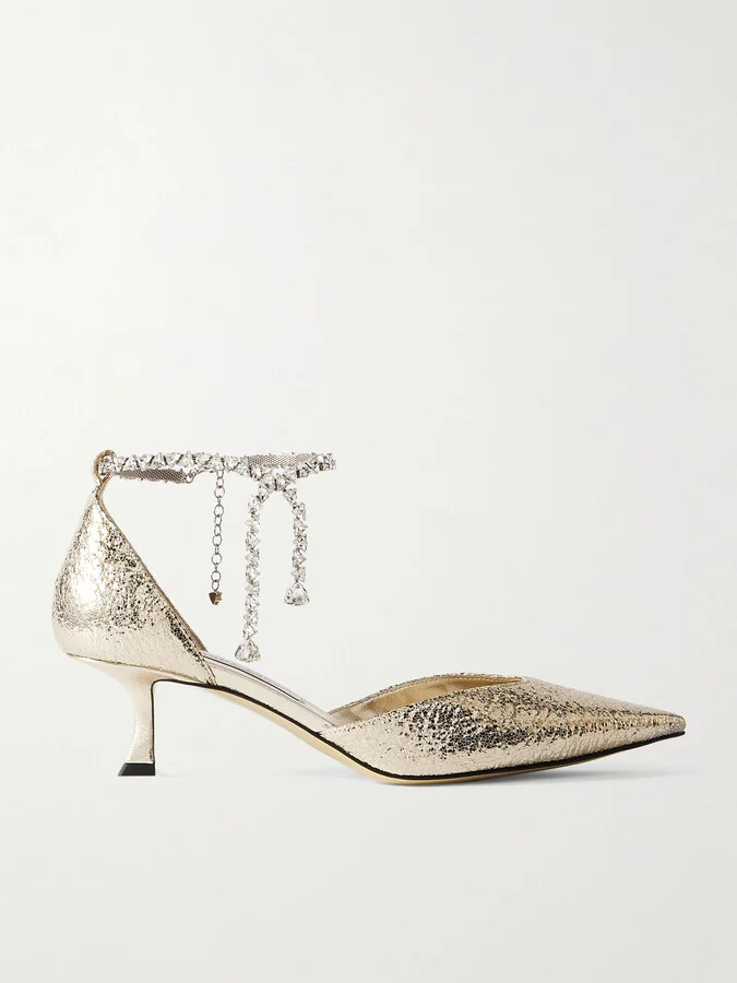 Jimmy Choo - Stevie 50 Crystal-embellished Metallic Textured-leather Pumps - Gold