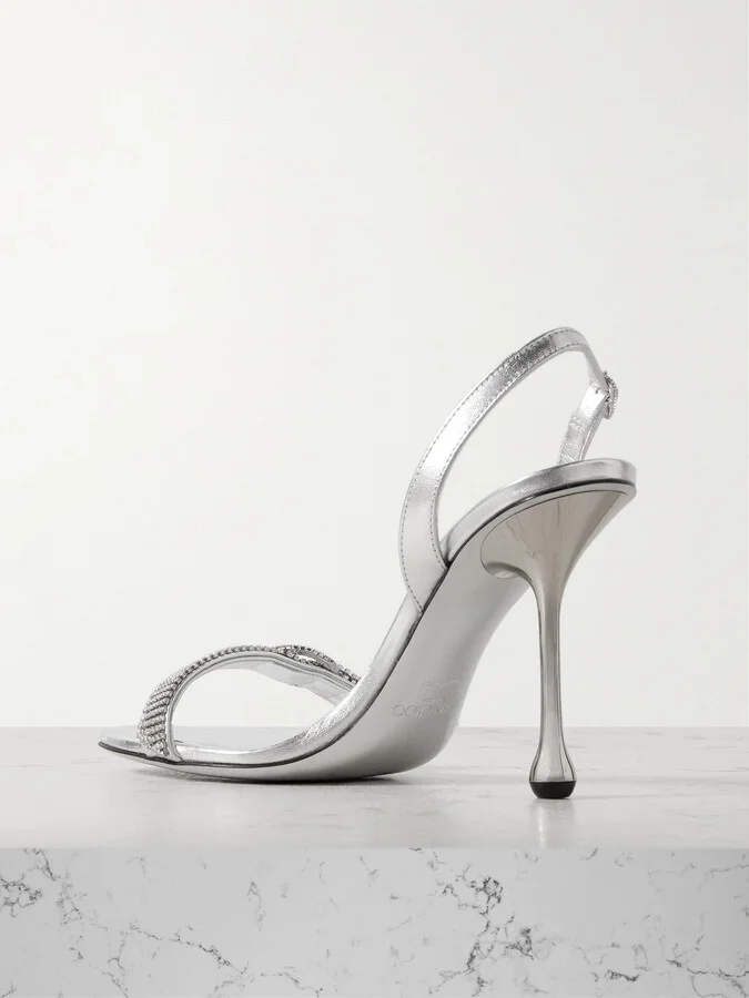 Jimmy Choo - Tabatha 95 Crystal-embellished Metallic Leather Slingback Sandals - Silver - Image 3