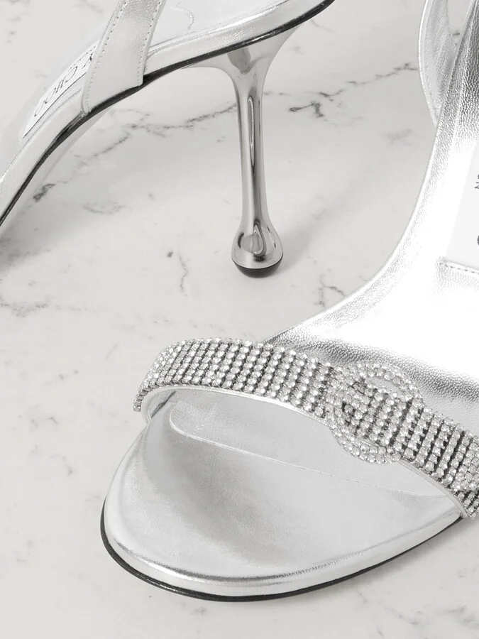 Jimmy Choo - Tabatha 95 Crystal-embellished Metallic Leather Slingback Sandals - Silver - Image 4
