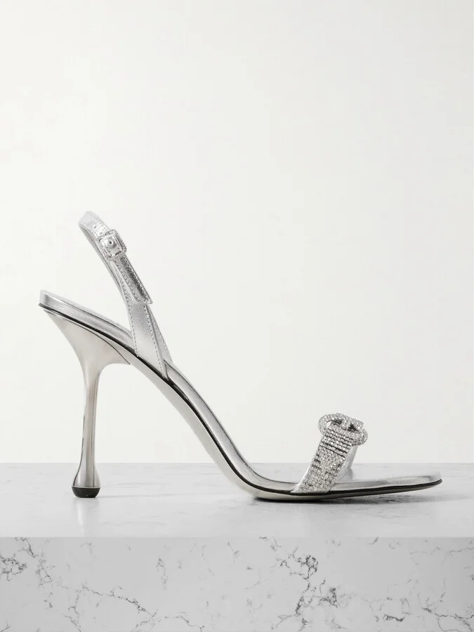 Jimmy Choo - Tabatha 95 Crystal-embellished Metallic Leather Slingback Sandals - Silver
