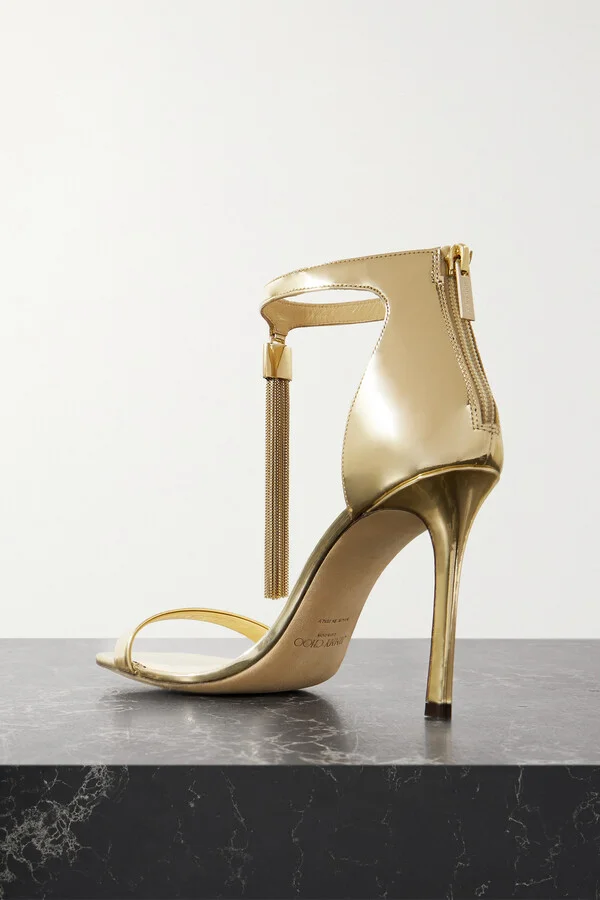 Jimmy Choo - Vinca 95 Fringed Mirrored-leather Sandals - Gold - Image 3