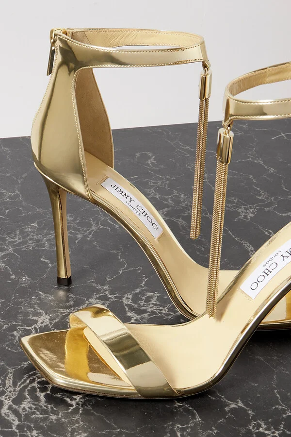 Jimmy Choo - Vinca 95 Fringed Mirrored-leather Sandals - Gold - Image 4