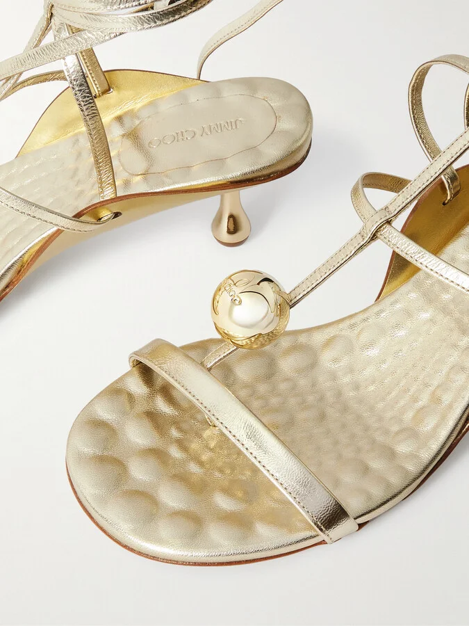 Jimmy Choo - Zyra 50 Embellished Metallic Leather Sandals - Gold - Image 4